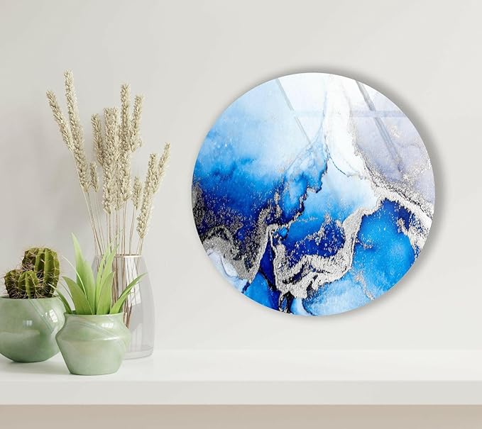 My Photostation.com 20''(50cm) Diameter Blue Marble Round with Silver Details Glass Wall Art Tempered Glass Printing Wall Decor Large Wall Art Wall Hangings