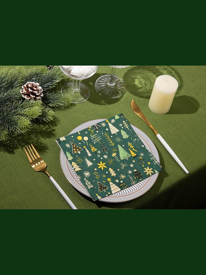 Premium Designer Paper Napkins, 3-Ply 6.5 x 6.5-inches Fold Disposable Decorative Winter Guest Christmas Holly Green Festive New Year Tree Party Lunch Dinner Napkin (20, Festive Green)