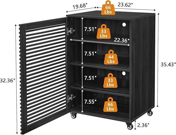 LEVNARY 5-Tier AV Media Cabinet with Grille Door & Adjustable Shelves, Modern Wooden Stereo Rack with Cable Management & Wheels, Audio Video Stand for Living Gaming Room Recording Studio (Black)