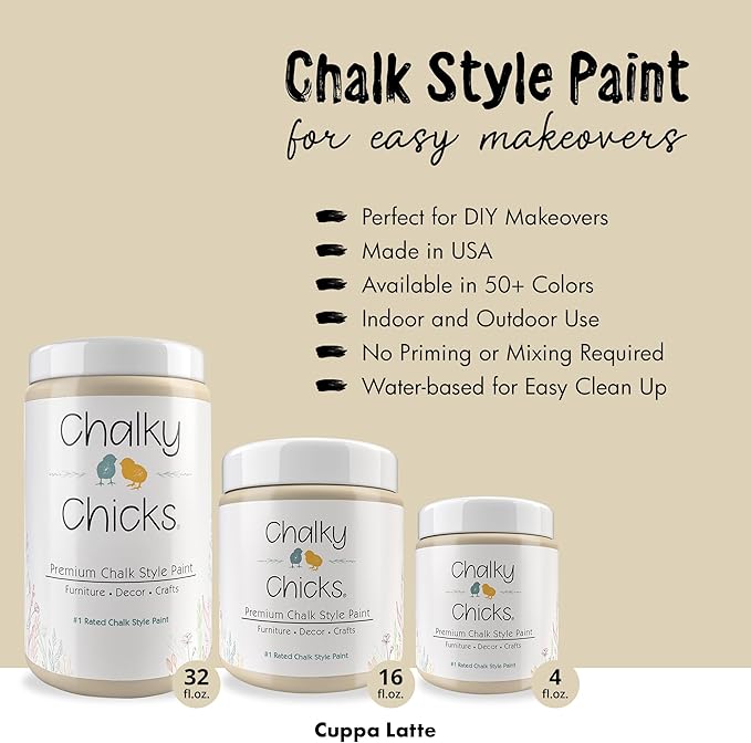 Chalky Chicks All-in-One Chalk Paint for Furniture or Cabinet - 16 Fl Oz - Matte Finish Cuppa Latte Tan for Metal, Wood Furniture Paint - No Sanding All-in-One for Home Decor & Crafts, USA Made