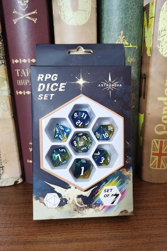 DND RPG Dice Set, Nebula Polyhedral Dice for Dungeons and Dragons, Mystery 7-Piece Set (Blue Gold)
