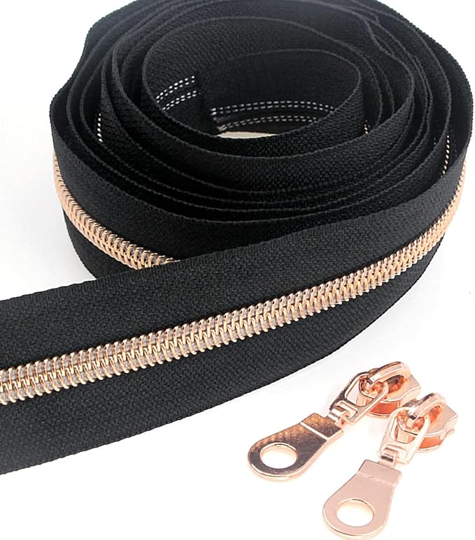Leekayer #5 Rose Gold Metallic Nylon Coil Zippers by The Yard Bulk 10 Yards Black Tape with 25pcs Rose Gold Sliders for DIY Sewing Tailor Craft Bag(Black)