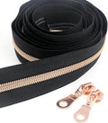 Leekayer #5 Rose Gold Metallic Nylon Coil Zippers by The Yard Bulk 10 Yards Black Tape with 25pcs Rose Gold Sliders for DIY Sewing Tailor Craft Bag(Black)