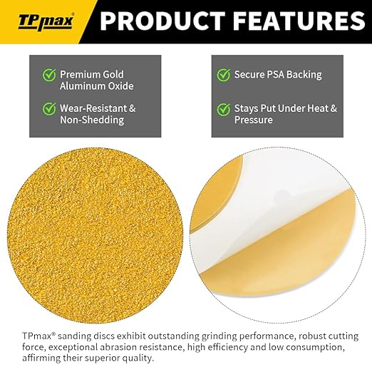 6-Inch 40-Grit Gold PSA Sanding Discs, 28 Pack – Pro-Grade Self-Adhesive Stickyback Sandpaper with Quick-Release Tabs for DA Sander, Coarse Automotive/Wood/Metal Sanding