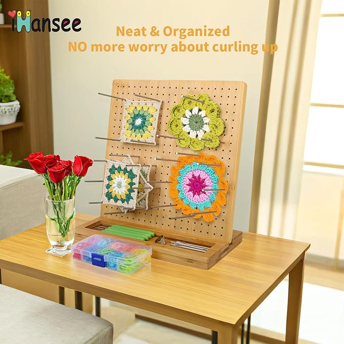 iHansee 11" Crochet Blocking Board with 20 Pegs, 200 Stitch Markers, Bamboo Granny Square Blocking Boards for Crochet Projects, Knitting Crocheting Accessories Kit, Gifts for Crocheters