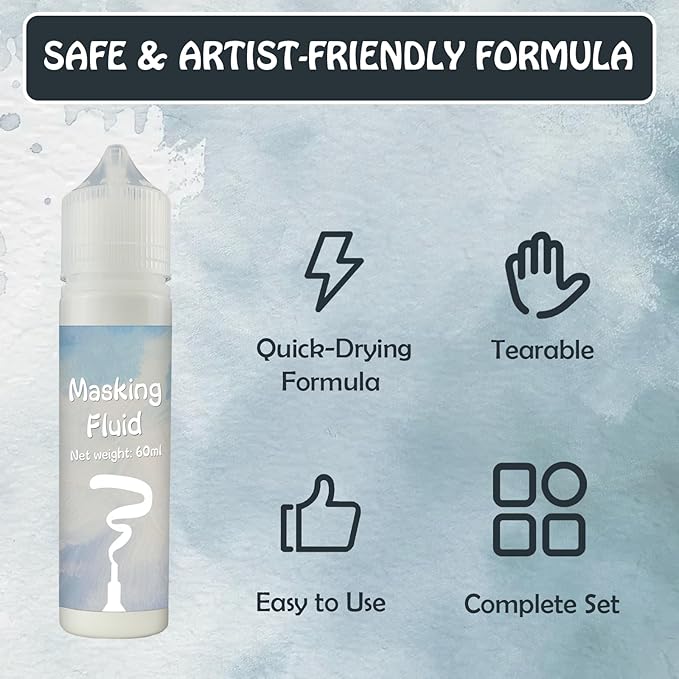White Masking Fluid for Watercolor Painting 60ml, Resistant Ink and Pouring Paint, Watercolor Masking Fluid Keeps Areas Colorless and Edges Sharp