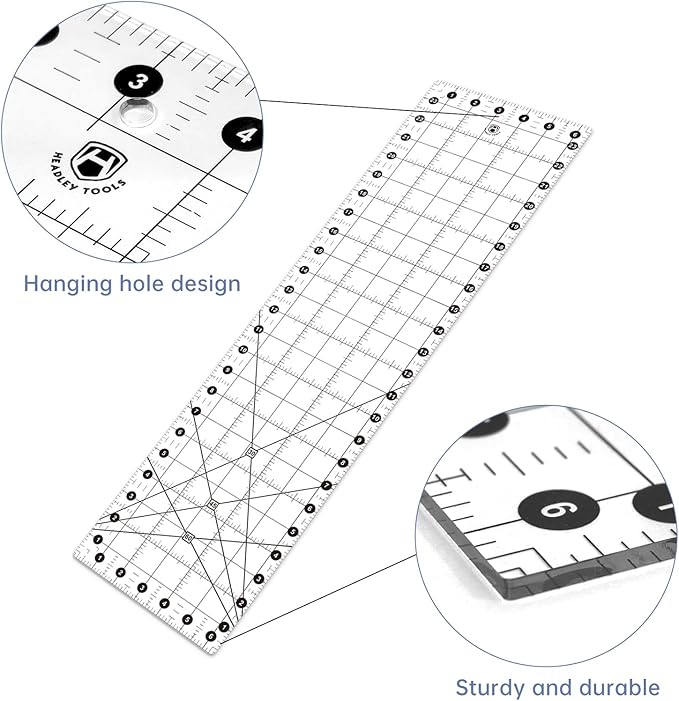 Headley Tools Sewing Ruler,Quilting Ruler (6.5"x 24"), Sewing and Quilting Ruler with 30°/45°/60° Angle Indicator, Acrylic Fabric Ruler for Sewing and Quilting,Clear/Black