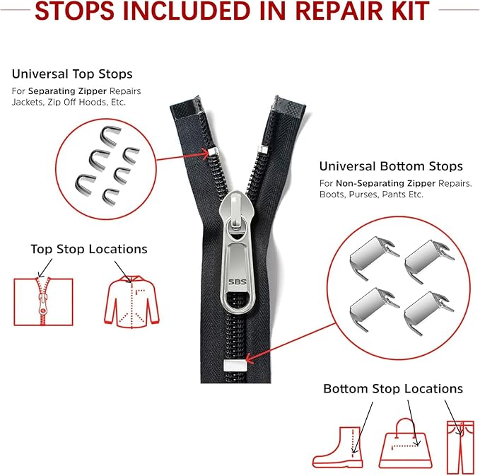 Zipper Repair Kit (188 Pcs) - Universal Fixer for Luggage, Backpacks, Jackets, Coats & Boots Includes #3#5#8#10 Sliders, Zipper Pull Replacement, Stops & Repair Tool（Non-YKK Compatible）