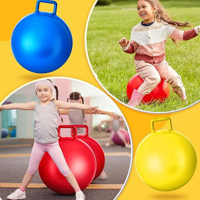 Lewtemi 3 Pcs 22 Inch Bouncing Ball with Handle, Outdoors Hopper Jumping Hopping Ball and Air Pump for Sports Exercise (Red, Blue, Yellow)