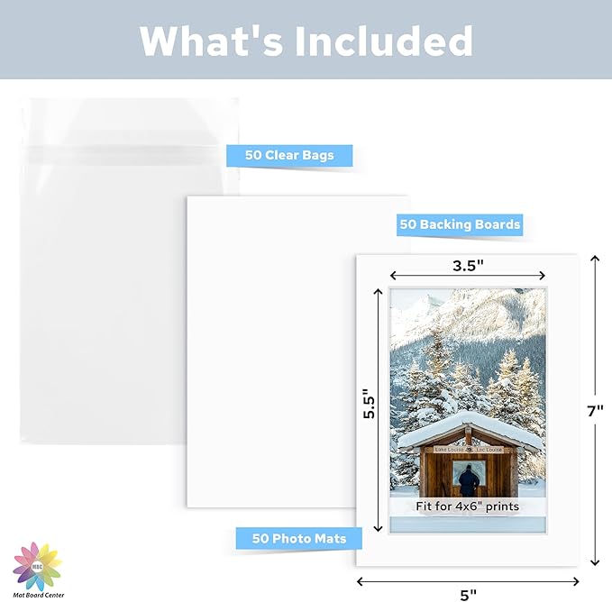 Mat Board Center, Pack of 50, 5x7 for 4x6 White Mat Kit - Acid Free, 4-ply Thickness, White Core - Includes Backing Boards and Clear Bags - for Pictures, Photos, Framing