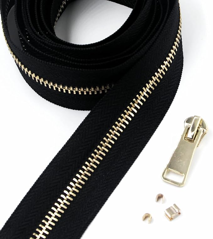 Leekayer #5 Metal Zippers Roll Bulk 2 Yards Black Zipper by The Yards with 10 pcs Sliders Light Gold Teeth Zipper for Sewing Bag Craft Backpack, Wallets, Purses Handmade