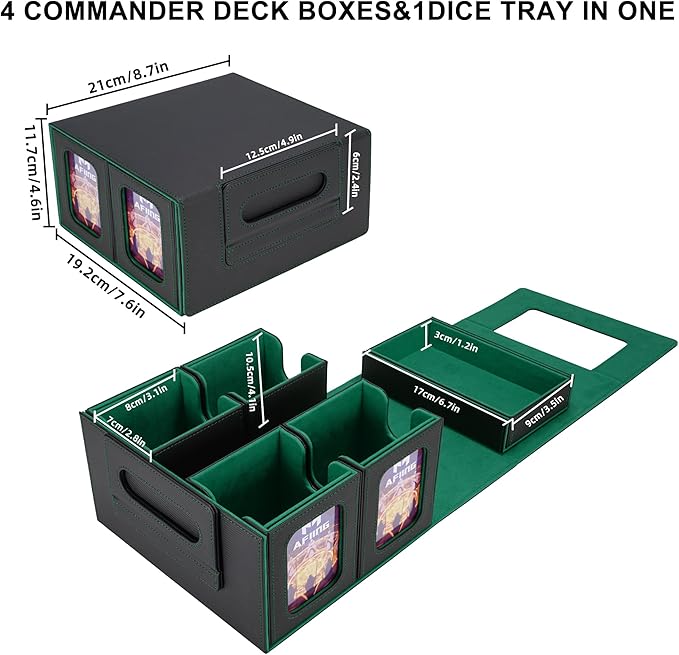 AFIING Commander Deck Box for MTG/EDH, Fits 400+ Double-Sleeved Cards, with Display Window, 4 Removable Deck Cases, Dividers, Dice Tray & Handle, Card Holders for TCG (Black Green)