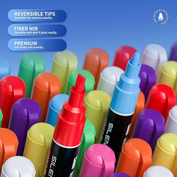 SILENART Blue Chalk Markers 2 Pack - Blue Dry Erase Markers Pen - Liquid Chalk Markers for Chalkboard, Window, Glass, Mirror, Blackboard - 3-6mm Reversible Tip