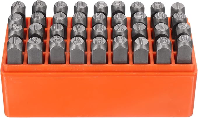 HARFINGTON 36pcs Metal Stamping Kit 5/16" (8mm) Steel Uppercase Letter and Number Punch Set (A-Z / 0-8 / "&" Symbol) Punch Press Tool with Case for Imprinting Metal Plastic Wood Leather