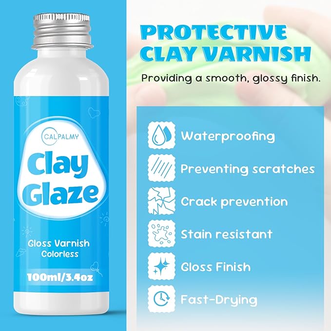 CALPALMY 100ml Gloss Glaze Varnish Kit for Air Dry Clay Sealer, Waterproof, Gloss Finish - Prevent Cracking and Scratches for Clay, Pottery, Ceramics, Acrylic Paint