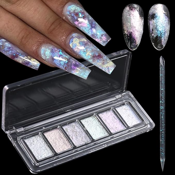 Iridescent Nail Glitter Set, 6 Colors Mud Texture Aurora Chrome Powder, Pink Blue Pearlescent Glitter, Chameleon Nail Flakes Gold Leaf, Holographic Manicure Decor