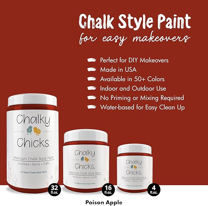 Chalky Chicks All-in-One Chalk Paint for Furniture or Cabinet -16 Fl Oz - Matte Finish Poison Apple (Dark Red) for Metal, Wood Furniture Paint - No Sanding All-in-One for Home Decor & Crafts, USA Made