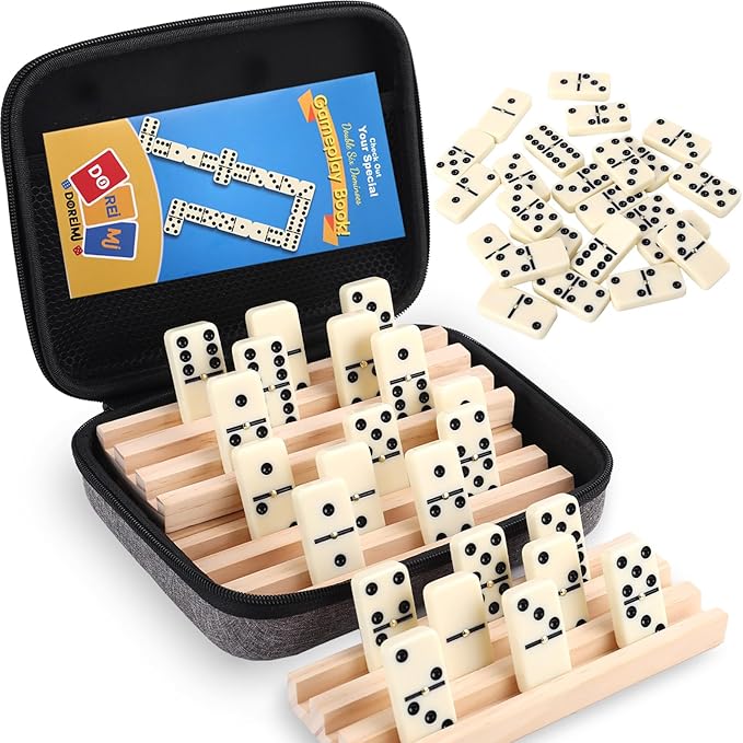 Double 6 Dominos Set for Adults with 4 Wooden Racks & 28 Tiles Travel Dominoes Set Classic Board Game for Family Game Night