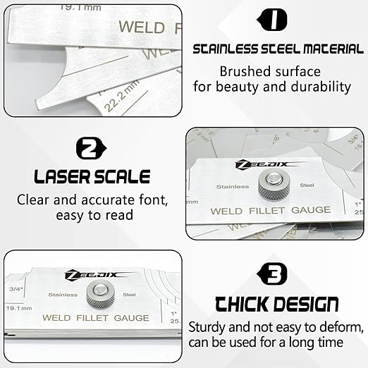 ZeeDix Metal Fillet Weld Gauge Set, Stainless Steel Welding Inspection Gauge Tool(1/8" - 1") Ulnar Metric & Inch