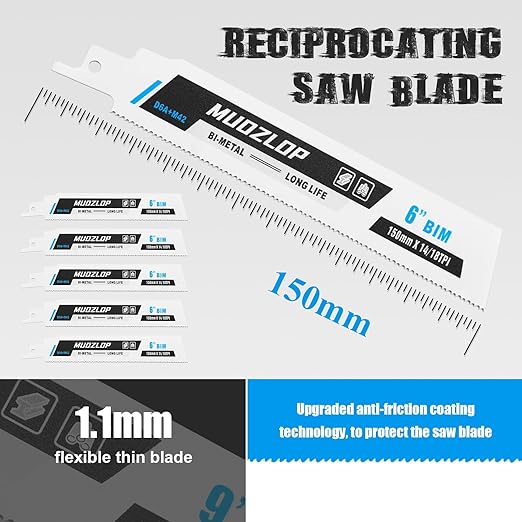5 Pack 6 inch Reciprocating Saw Blades Set,14/18TPI High Carbon Saw Blades, Metal Saw Blades with Organizer Case (5, 14/18TPI/150mm)