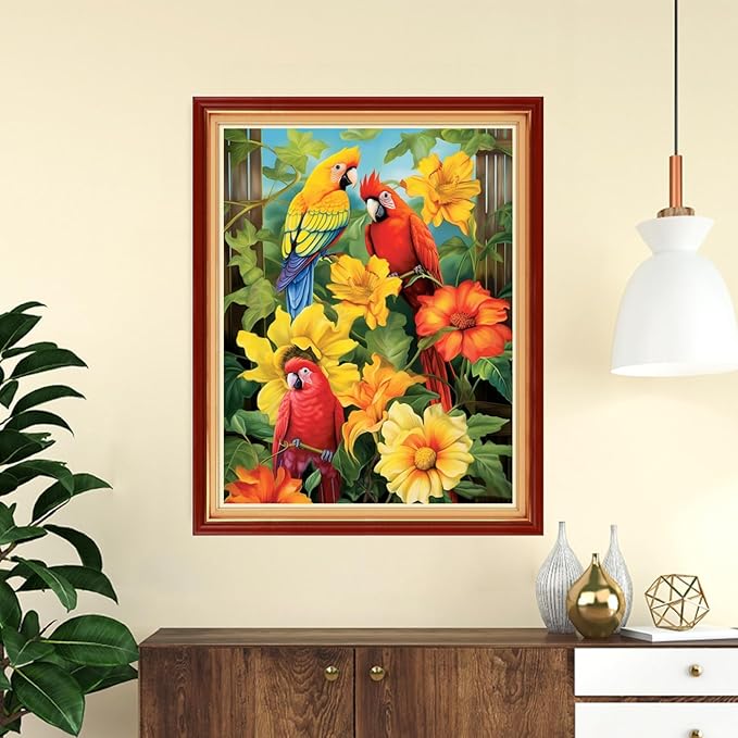 DMCVIVR Stamped Cross Stitch Kits for Adults Beginners Embroidery Kits 11CT Needlepoint Kits Cross Stitch Patterns Embroidery Patterns-Parrot Flowers 16x20 inch