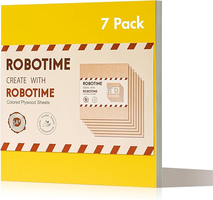 ROBOTIME 7-Pack Double-Sided Colored Basswood Sheets 1/8" - 12 x 12 x 1/8 Inch - Roller-Coated Solid Color 3mm Craft Wood Boards for Laser Cutting, Engraving & Wood Burning - Yellow