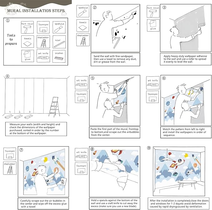 AFZEVEB-Space Mural Hand-Painted Cartoon Wallpaper for Kids Room 114"x74"(Not Peel and Stick)