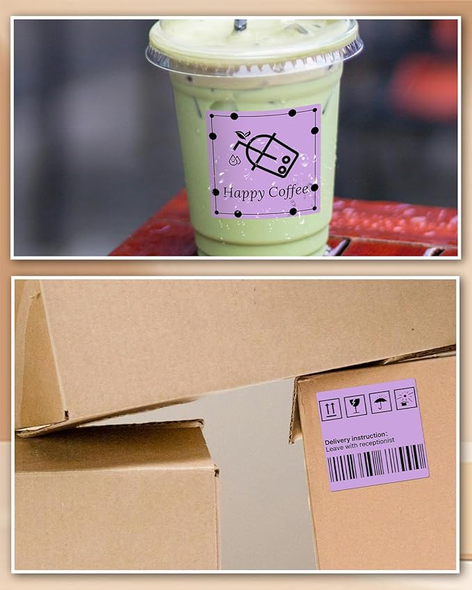 iEager Purple Square Thermal Label Stickers, 3" x 3" Self-Adhesive Square Direct Thermal Labels with Perforation Line, 500 Sheets/Roll