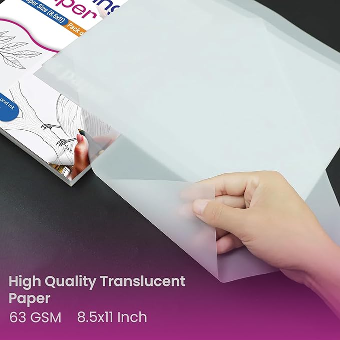 Tracing Paper 8.5 x 11 Inch - 500 Sheets 41lb/63gsm Transparent Vellum Paper for Sketching, Preliminary Drawing, Drafting & Overlays - Premium Translucent Tracing Paper for Pencil, Marker and Ink