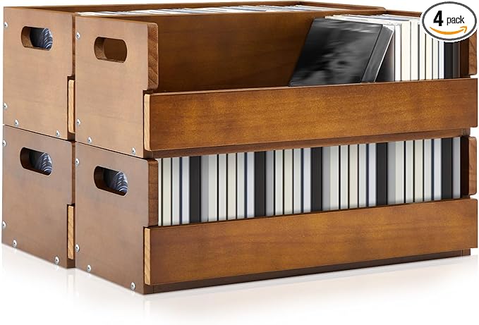 4 Set Wooden CD Storage Box Holder Shelf Cassette Tape Display Racks with Carrying Handles, Organizer Shelf for Movie Cases, DVDs, Each Set Can Store up to 36 Pcs CDs (Brown)