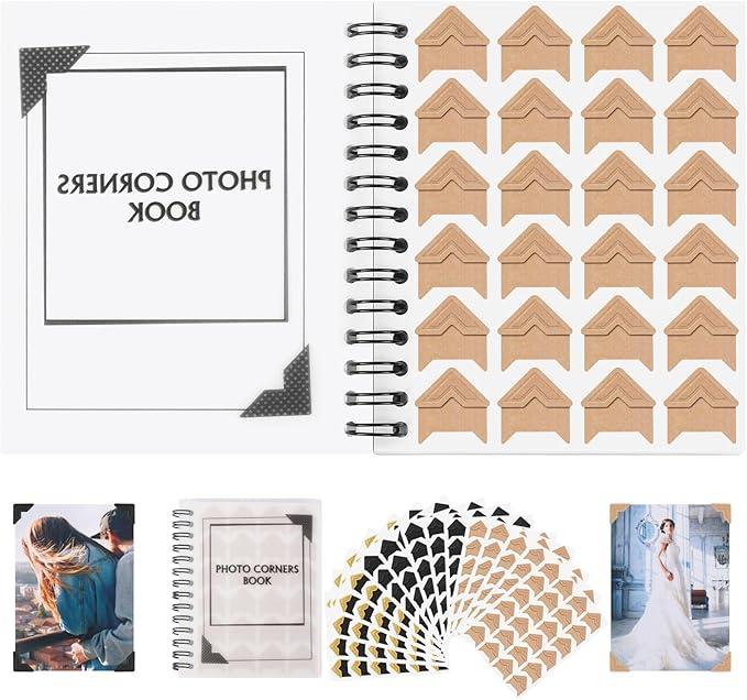 15 Sheets 360 PCS Gold-Black-Cowhide Acid-Free Photo Corners Notebook, Self-Adhesive Photo Corners for DIY Photo Album Journal, Photo Corner Stickers for Trip Journal Memory Book