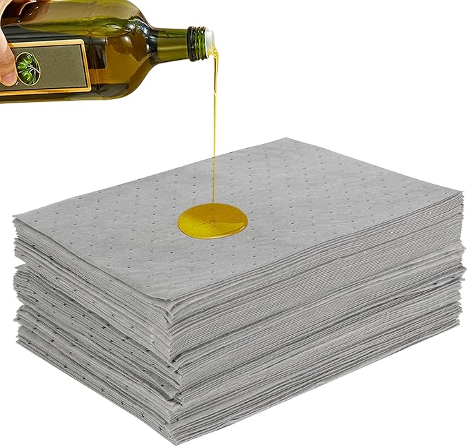 100 PCS Oil Absorbent Pads, 16.5" x 12.6" x 2mm Universal Spill Absorbent Pads Heavy Weight Absorbent Mat Pads for Absorbing Water, Oil, Grease, Coolant, and Other Fluids (Gray)
