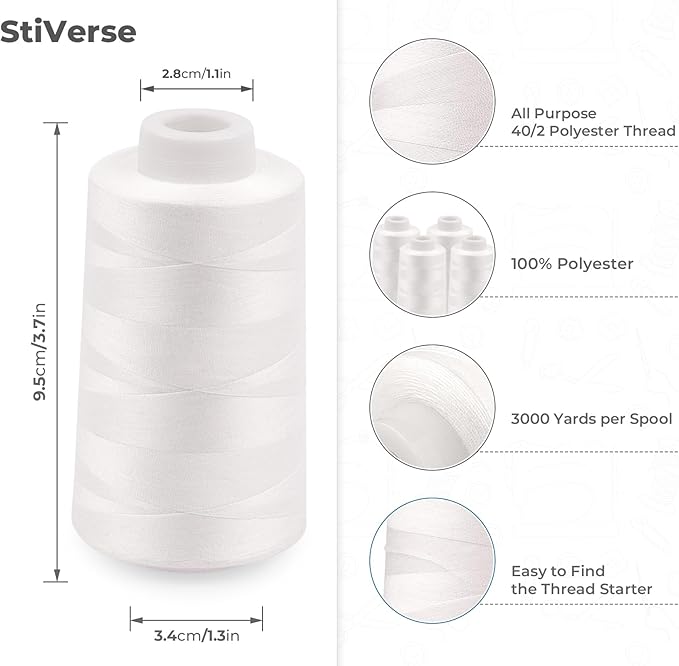 Serger Thread Cones 4 Pack of 3000 Yards Each, All Purpose White Sewing Thread, Polyester Thread 40S/2 White Thread for Sewing Serger&Overlock, Quilting, Piecing, Sewing Machine