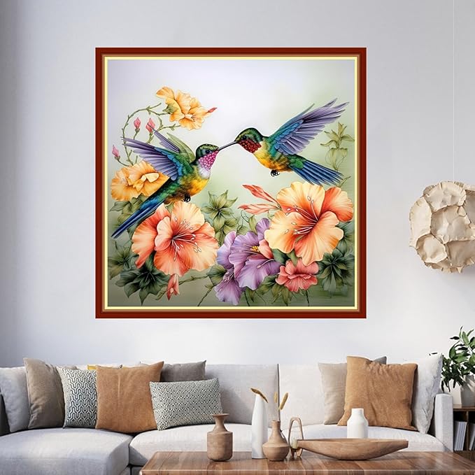 Foxhool Beginners Cross Stitch Kits Stamped Full Range of Embroidery Kits for Adults DIY Cross Stitches kit Embroidery Patterns for Needlepoint kit-Hummingbirds Gather Honey 17.7x17.7 inch