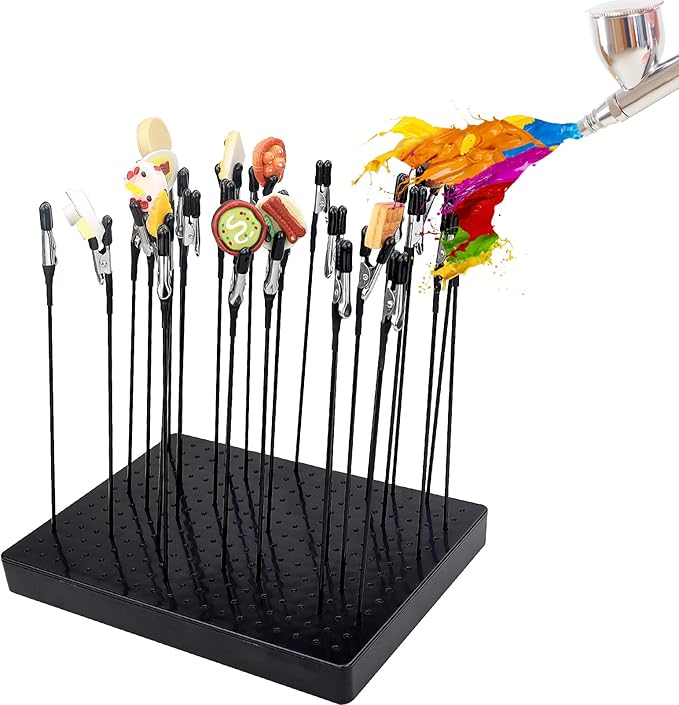 LAMXD Model Painting Stand Base (19 x 14 Holes) and 26PCS Alligator Clip Sticks Set (with Rubber Tips) Modeling Tools for Airbrush Spray, for Model Parts Holder (7.87 x 5.9Inch)