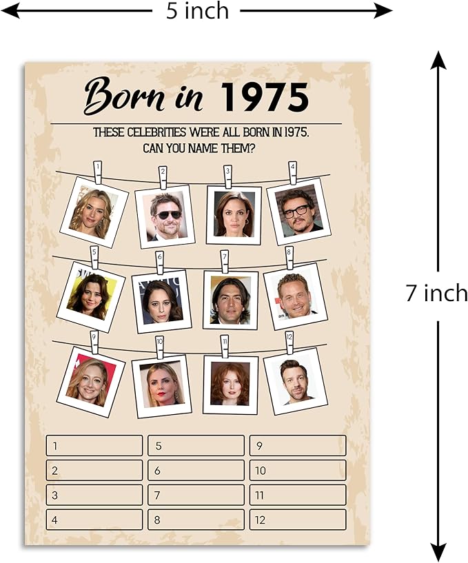 QUPT 50th Birthday Party Games,Set of 5 Activities for 10 Guests, Born in 1975 Games Bundle, Birthday Party Supplies for Adults, Pack of 50 Cards