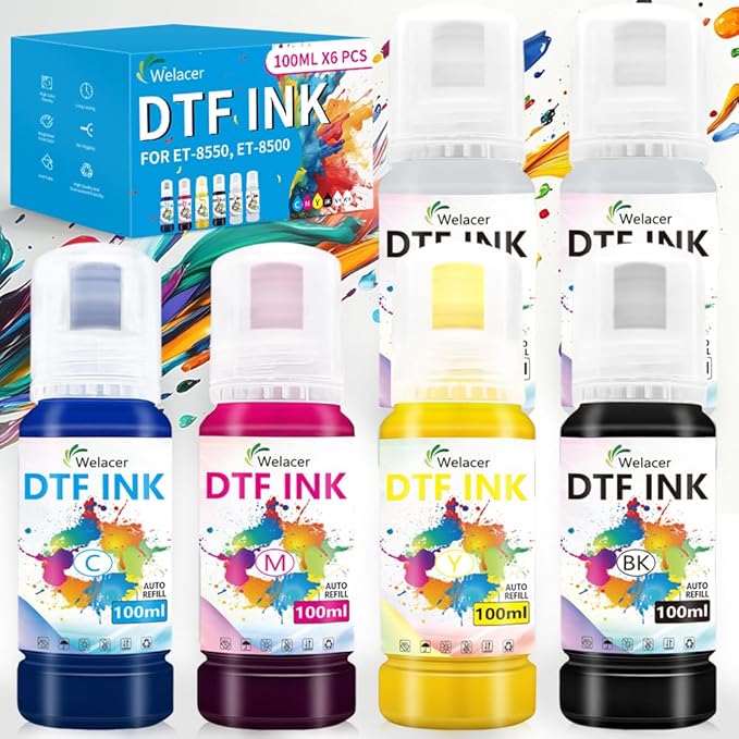 Upgraded Auto-Fill DTF Ink for ET-8550, ET-8500, 100mlx6 Heat Transfer Ink Conversion Kit, High Density Pigment Ink - Compatible with All DTF Films&Printers(Anti-UV, ICC-Free)