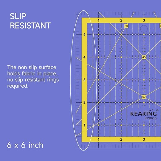 KERING Patchwork Quilting Ruler - 6x6 inch Non-Slip Acrylic Square Ruler for Foundation Paper Piecing, Bias Strips & Rotary Cutting, Durable Quilter's Tool with Anti-Slip Backing