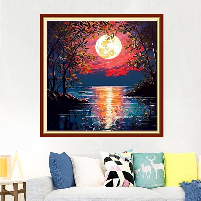 Foxdiviy Stamped Cross Stitch Kits Full Range of Embroidery Needlework Starter Kits for Beginners Adults 11CT Embroidery Patterns Art Crafts DIY Needlepoint Kits-Moonlight Scenery 18x18 inch