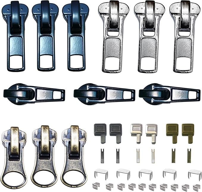 Zipper Repair Kit 39 Pcs, #5 Sliders with Pull, Metal Zippers Retainer Box,Insertion Pin 6 Sets, Replacement Zip Bottom/Top Stop, Metal, Plastic, Nylon Coil Zippers Head FIx on Jaceket
