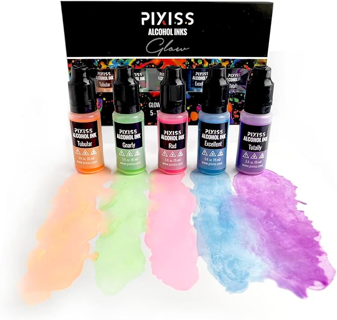 Pixiss Glow in The Dark Alcohol Ink Set - 5 Shades of Brilliantly Glowing Alcohol Ink for Epoxy Resin Supplies, Yupo Paper, Tumblers, Coasters - Resin Colorant for Epoxy Resin and Resin Art Supplies