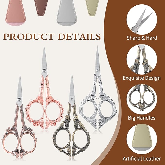 Zhehao 4 Pcs Sewing Embroidery Scissors with Artificial Leather Cover Sewing Stainless Vintage Embroidery Scissors for DIY Needlework Art Manual Handicraft (Retro)