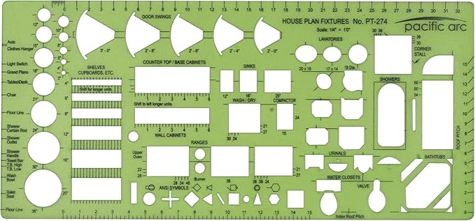 Pacific Arc, House Plan Fixtures Template, 1/4 in, Drawing aid Stencil for Professional or School Work, Size 4.5 x 9.625 in.