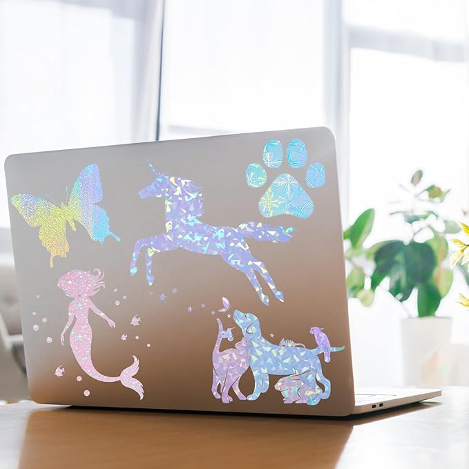 60 Sheets Holographic Laminate Sheets Clear Glitter A4 Size Vinyl Sticker Paper Holographic Overlay Self Adhesive Waterproof Film, 11.7 x 8.3 Inch (Gem, Rainbow, Spot, Star, Sand Star, Wind Mill)