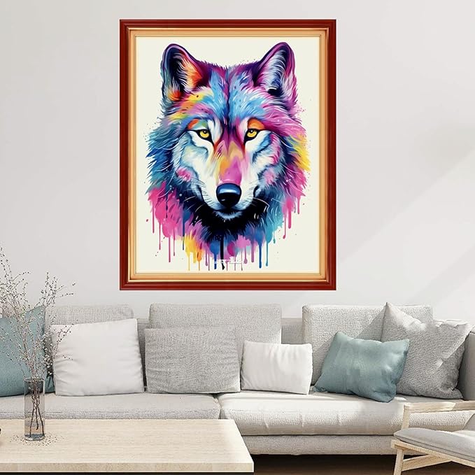 Joyhoor Cross Stitch Kits for Beginners Stamped Cross-Stitch Supplies Needlework preprint Embroidery Kits for Adults DIY Needlepoint Kits Embroidery Patterns 11CT-Rainbow Wolf 16x20 inchs