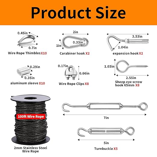 1/16" Wire Rope Kit,30M/100FT Black Vinyl Coated 304 Stainless Steel Cable,String Light Hanging Kit with Turnbuckle for Outdoor,Garden Wire(55 Pack)