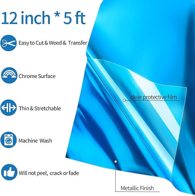 VINYL FROG Metallic Foil HTV Vinyl Roll 12" x5ft Blue Heat Transfer Vinyl Chrome Iron on Vinyl Easy to Cut & Weed DIY Heat Press Design for T-Shirts