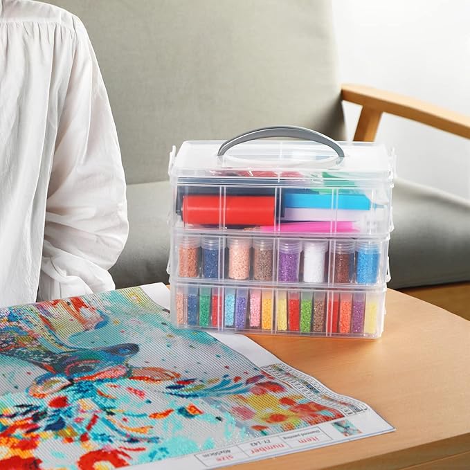 Douorgan 3-Tier Diamond Painting Storage Containers Diamonds Organizers and Storage Stackable Diamond Painting Tools Box Portable Diamond Beads Storage Box, 80+40 Slots with Tool Set