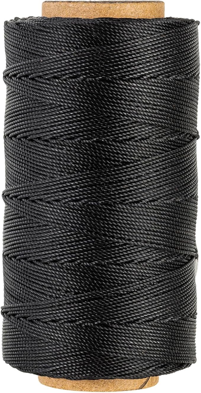 Bonded 0.8mm Round Waxed Polyester Cord, 3-ply Wax Coated Thread, 197 Yards Stiff String for Heavy Duty Fabric, Leather Sewing, Book Binding, Upholstery Repair, and Macrame Jewelry - Black