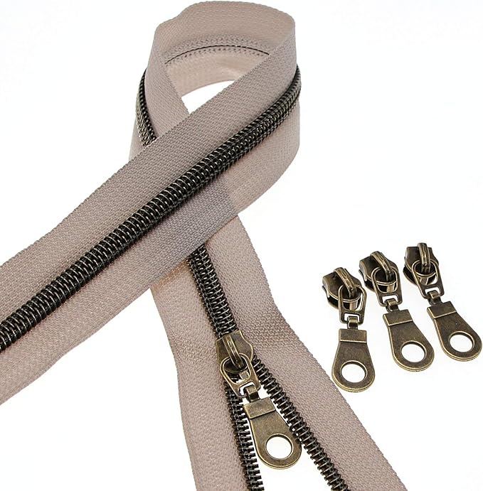 Leekayer #5 Antique Brass Teeth Metallic Nylon Coil Zippers by The Yard Bulk 10 Yards Beige Tape with 25pcs Brass Sliders for DIY Sewing Tailor Craft Bag(Beige)